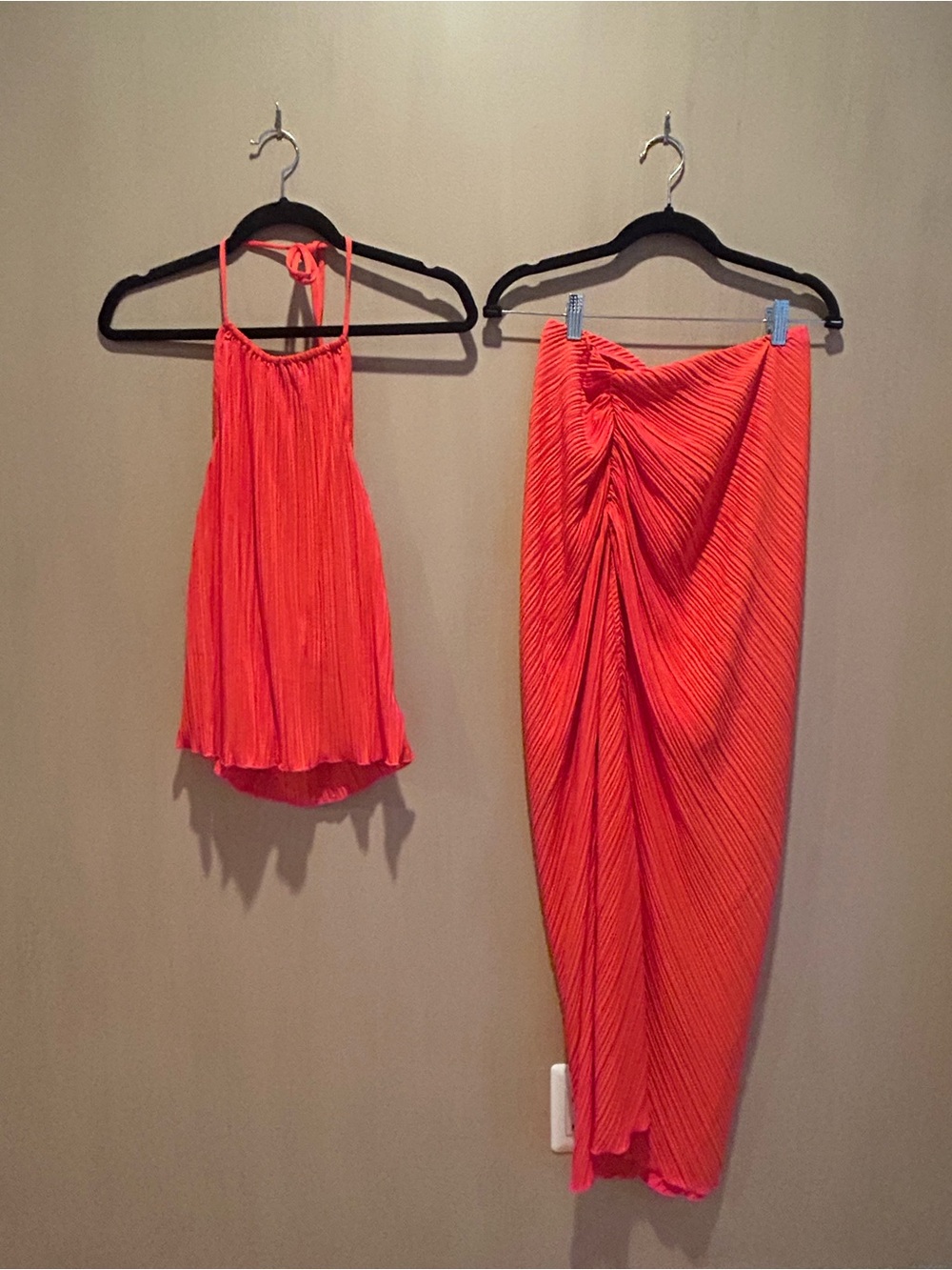Good American Coral Pleated Halter Top & Ruched Maxi Skirt Set